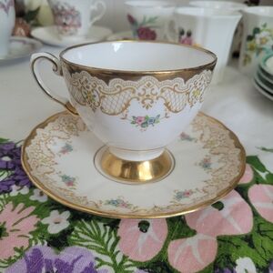 Tuscan bone china cup and saucer in the "Happy Anniversary" pattern